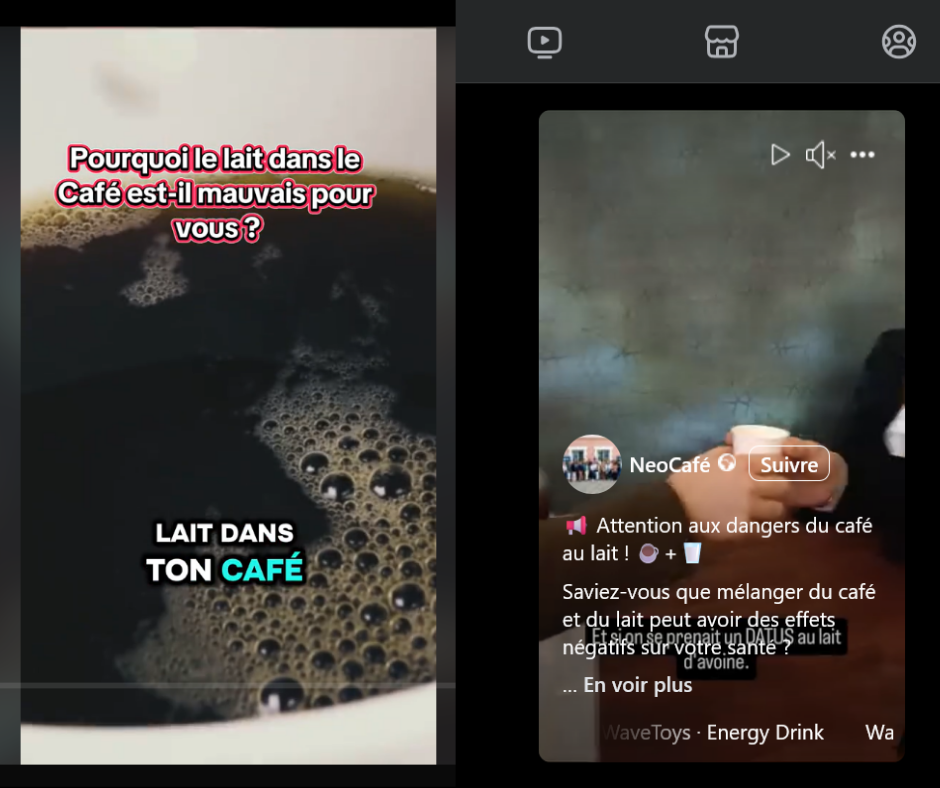 Captures d'écran de publications sur les réseaux sociaux prétendant que consommer du café au lait est mauvais pour la santé. Collage : Ouestaf News. 