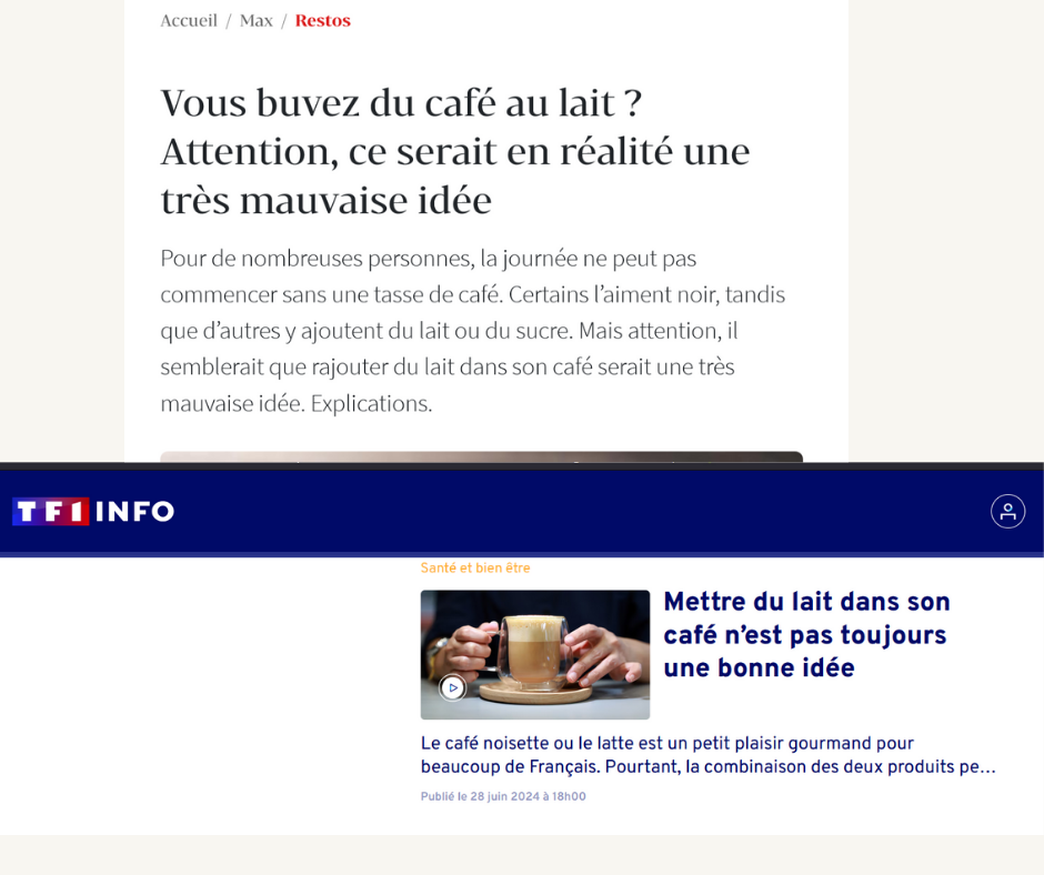 Extraits d'articles de presse évoquant de prétendus méfaits du café au lait pour la santé. Collage : Ouestaf News. 