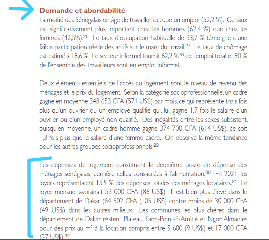 Extrait du rapport 2024 sur le Sénégal du Centre pour le financement du logement abordable en Afrique (CAHF). Capture d'écran annotée par Ouestaf News.
